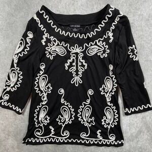 Lauren Michelle Womens Medium Top Black White Paisley Embroidered 3/4 Sleeve